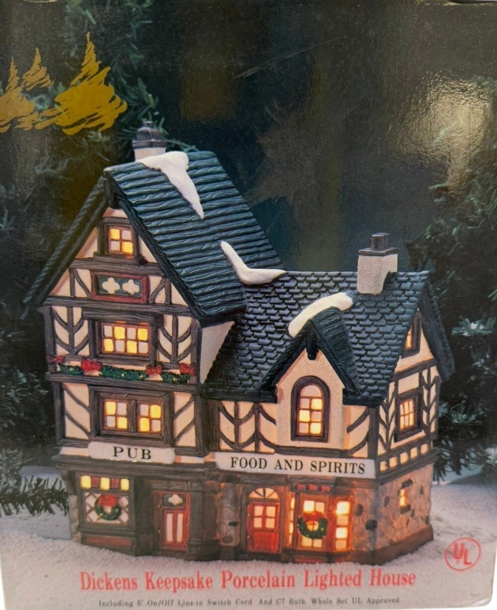 Vintage 1995 Dickens Keepsake Pub Food & Spirits Lighted Porcelain House w/Box